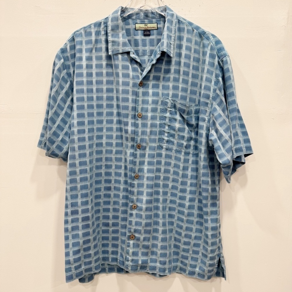 Tommy Bahama Silk Short Sleeve Button Down Shirt Blue Grid Print Large